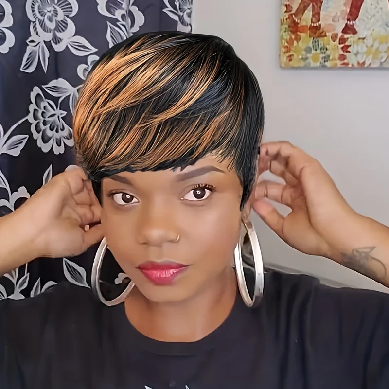 Ombre Color 1B/30 Color Straight Human Hair Wig Pixie Cut Human Hair Wig With Bangs Full Machine Made Wig 150% Density