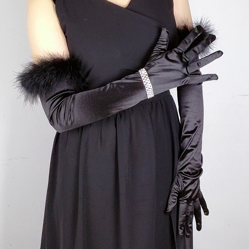 Retro Satin Black Feather Lace Gloves Women\'s Summer Long Elbow Wedding Dress Elastic Etiquette Full Finger Sunscreen Mitten S96