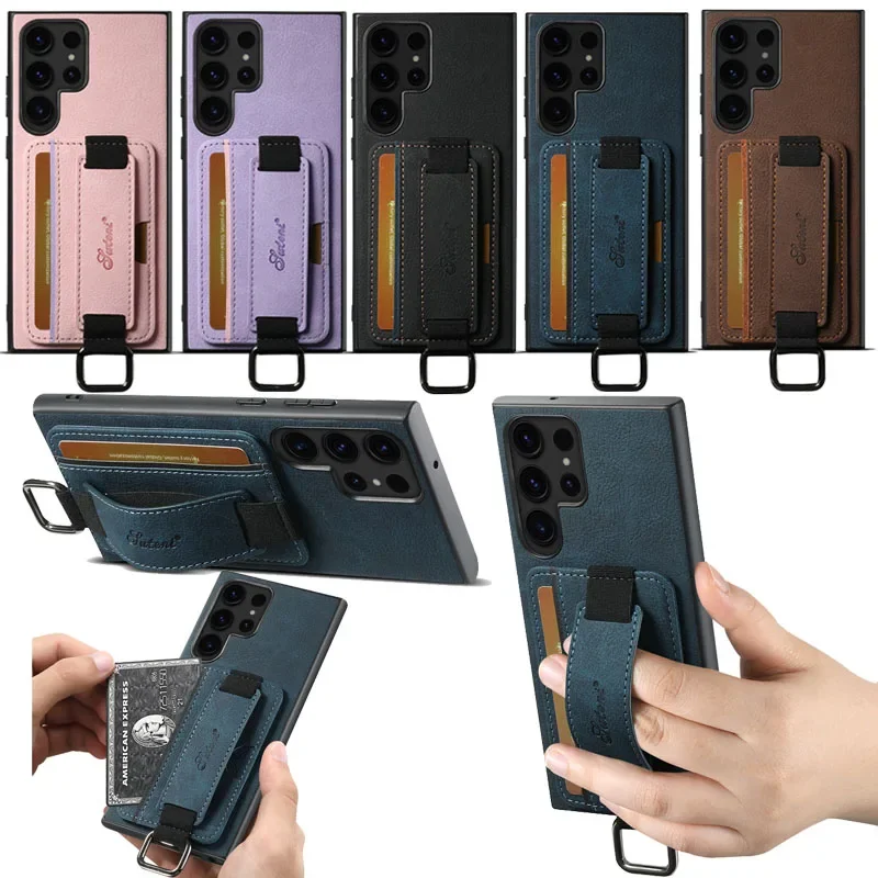 Etui portfel ze skórzanym paskiem na nadgarstek EUCAGR do Samsung Galaxy S26 Ultra S24 S23 S22 Note20 Plus Ultra z uchwytem na karty do S25 Plus