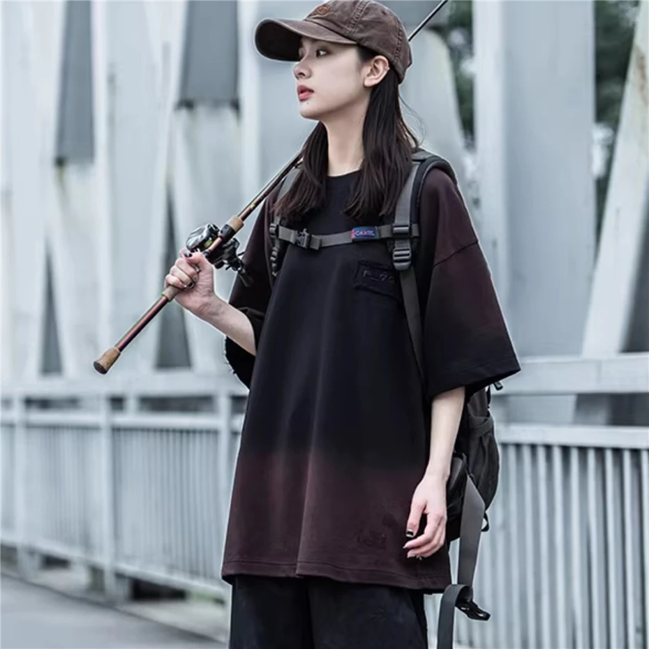 Mens Gradient Patch T-Shirt Streetwear Hip Hop Punk Y2k Short Sleeve TShirt Men Oversized Harajuku Vintage Casual Tees Tops Male
