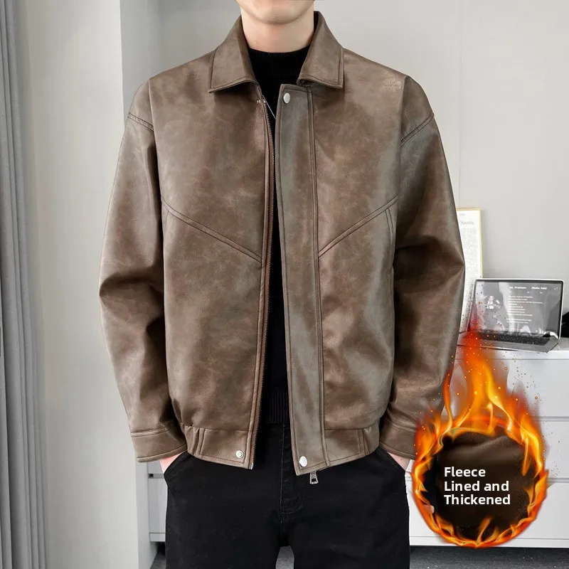 

Winter Thiened Fce Lined Biker Jaet Men's Casual Faion Stand Collar Warm Outerwear Polyester Fiber Zipper Closure