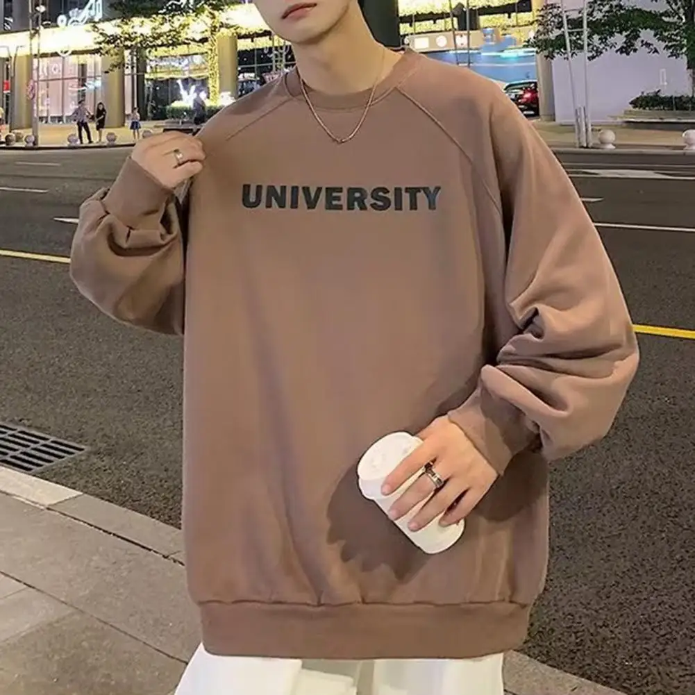 

Round Neck Sweatshirt Men's Hip Hop Streetwear Sweatshirt Thickened Letter Print Loose Fit Mid Length Pullover Solid Color