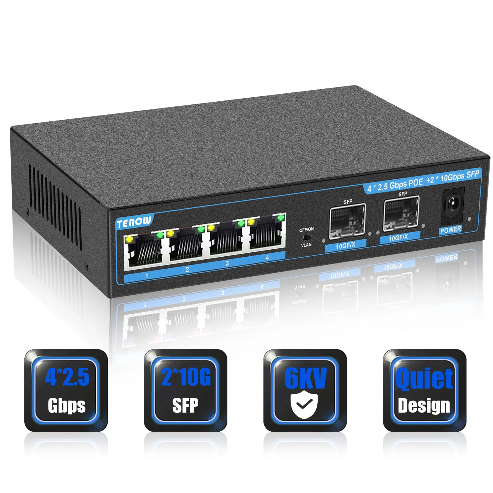 6 Port 2.5Gb Unmanaged POE Switch with 4*2.5G Base-T PoE Ports, 2*10G SFP+ Uplink 802.3af/at (PoE+) 2.5G PoE Switch for NAS/PC