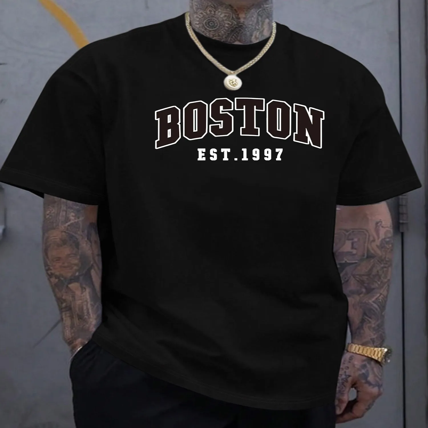 Men's New Fashionable Boston-Style Casual Letter Print Short Sleeve Shirt, Cool, Stylish, Versatile, and Comfortable Summer Men's Casual Short Sleeve Shirt Retro Graphic Shirt, Holiday Tshirt