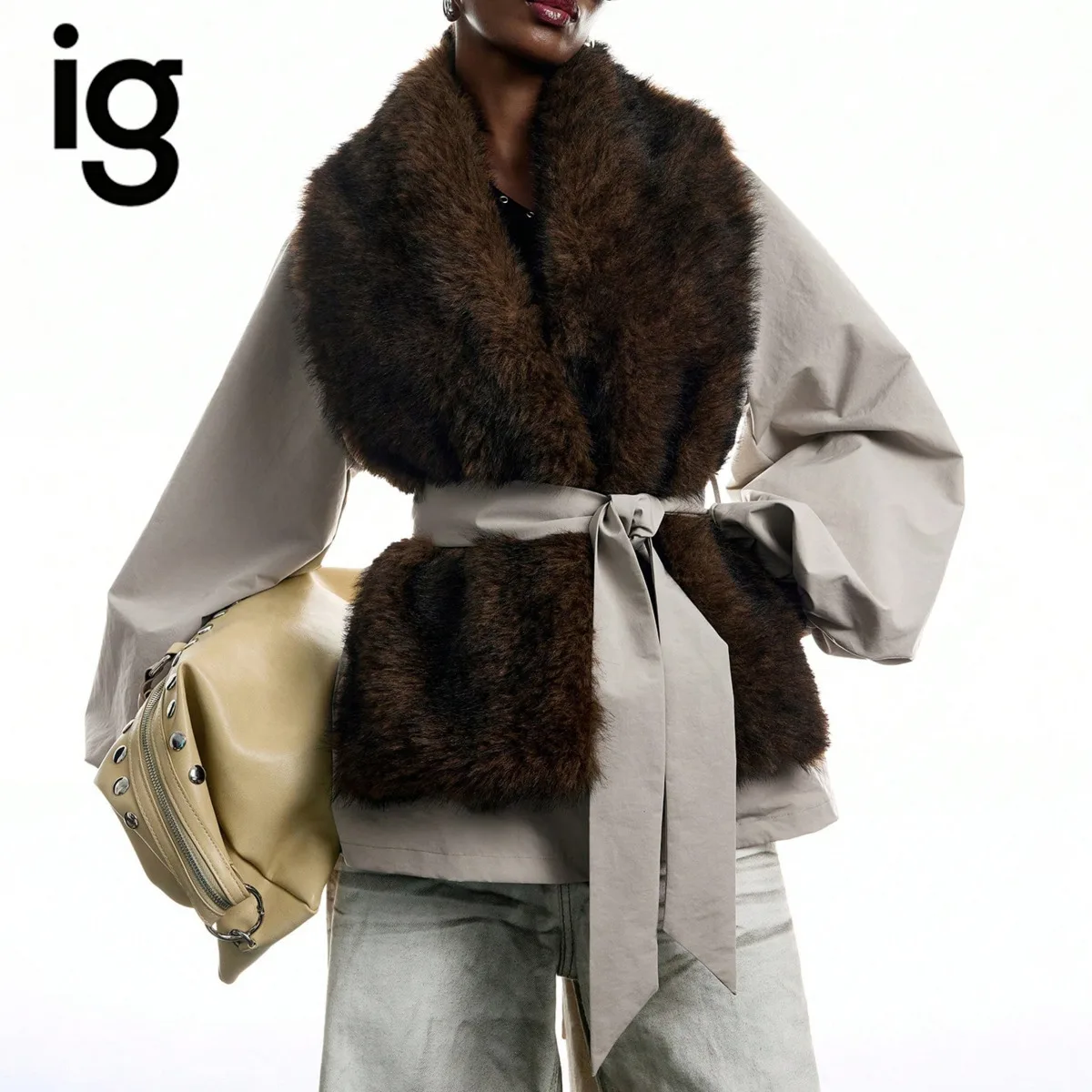 IG Women Faux Fur Patchwork Belted Coat, Wide Lapel Collar Puff Long Sleeve, Waist Tie Winter Fashion Casual Outerwear