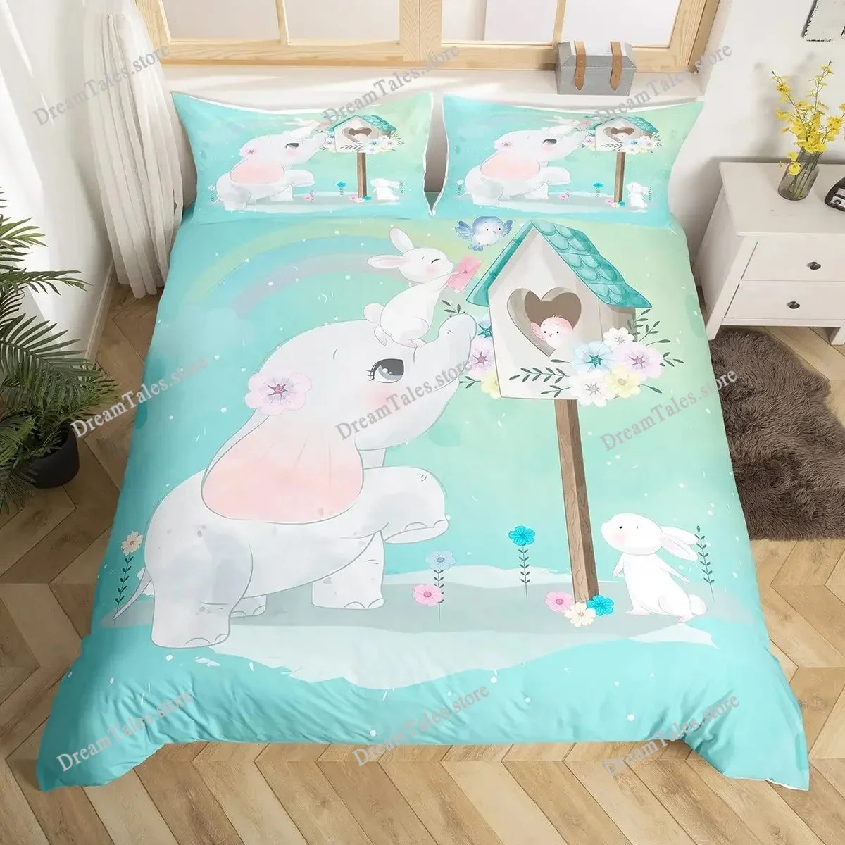 Cartoon Rabbit Duvet Cover Twin Cute Animal on The Moon Quilt Cover Microfiber Cloud Galaxy Space Bedding Set for Boy Girl Gift