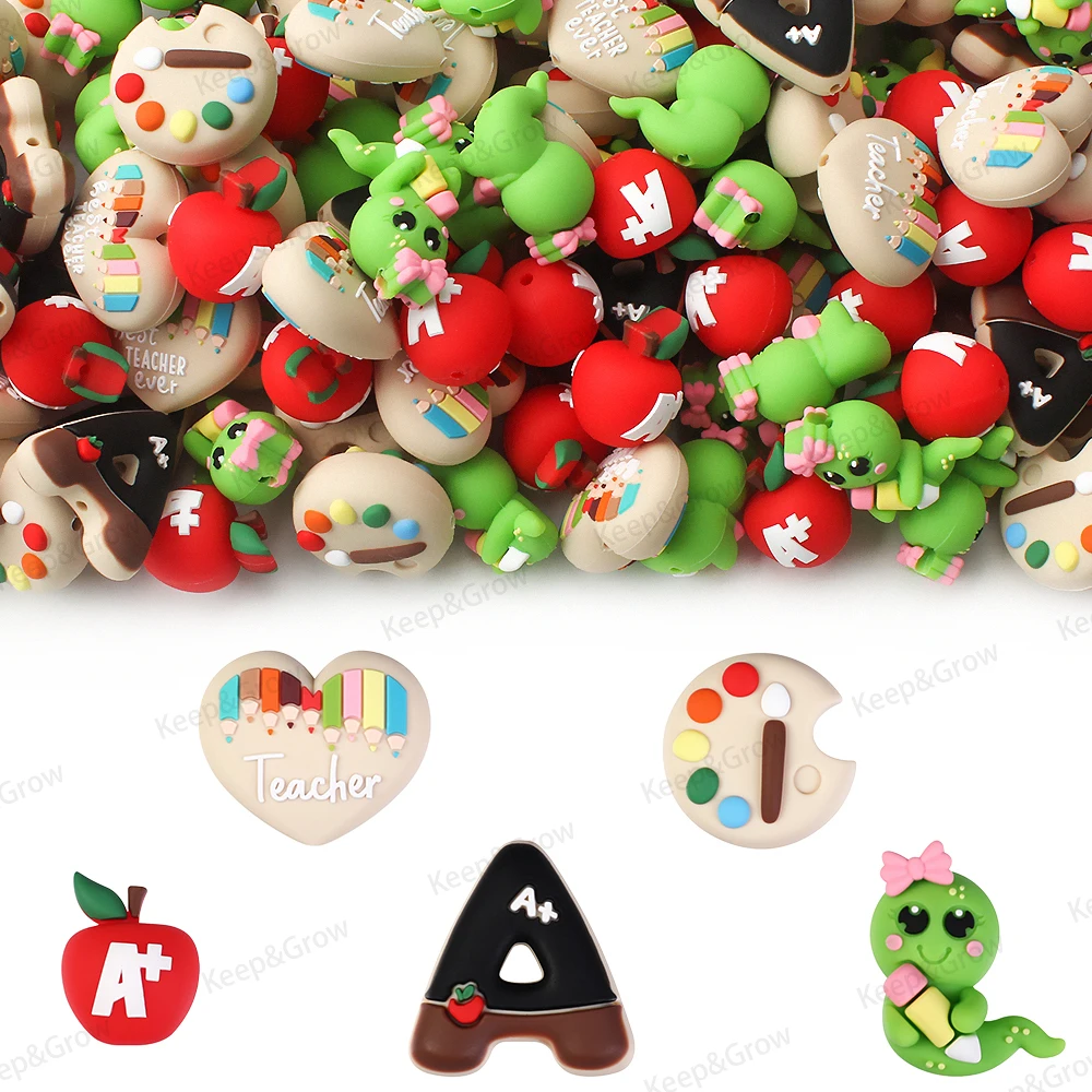 5/20/50Pcs Teacher's Day Theme 3D Silicone Beads Cute Pencil Bookworm Letter A Plus Apple Shape Focal Beads for Jewelry Making