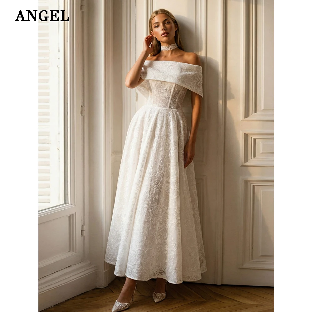 Свадебные платья ANGEL Lace Midi 2026: Элегантное свадебное платье А-силуэта цвета слоновой кости с открытыми плечами, сексуальное, на заказ
