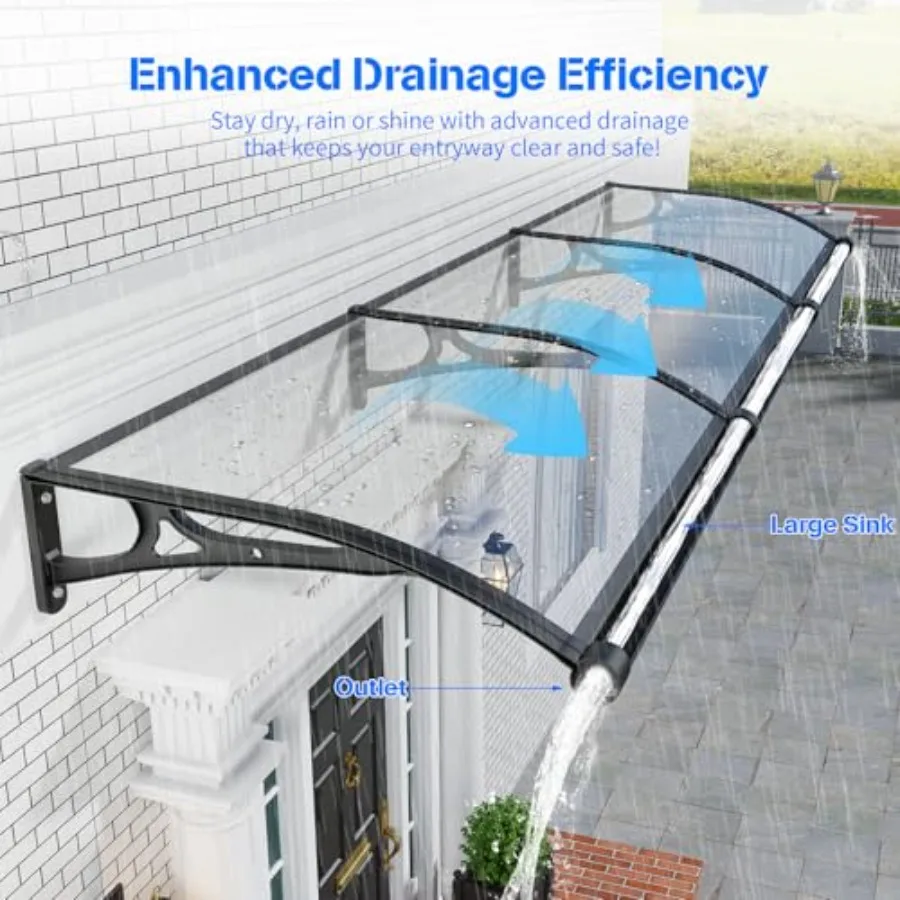 Exterior Door Awning for Patio Use, Polycarbonate Cover in Black, UV/rain/snow/sunlight Protection with Aluminum Bracket and Se