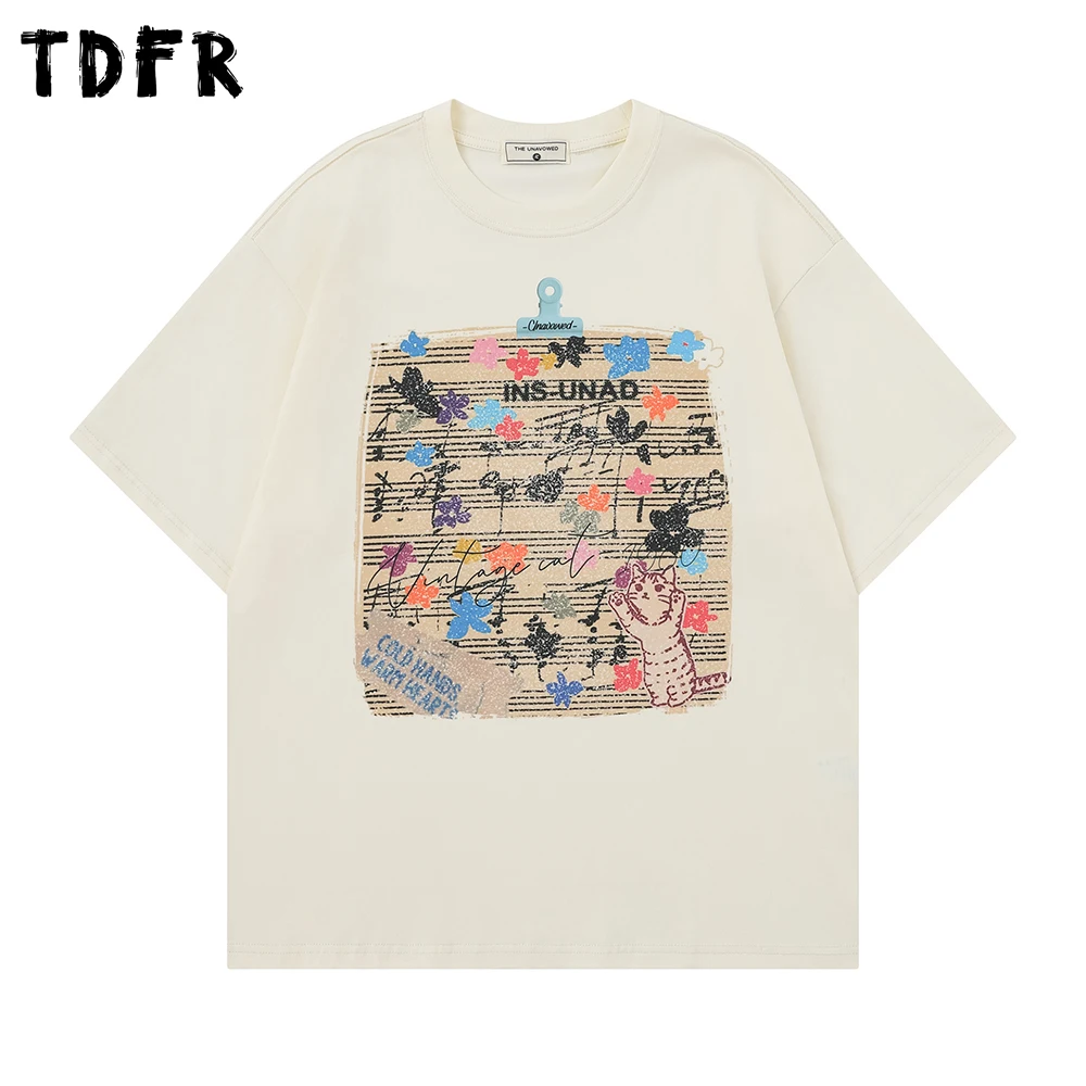 Music Note Print Short Sleeve T-shirt Mens Summer Retro Casual Loose Half-Sleeve Cotton Crew Neck Tee Man Tshirt