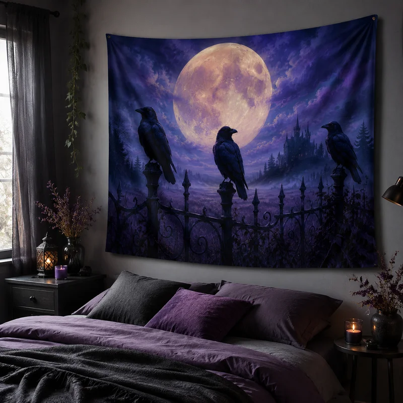 VIKAMA Dark Fantasy Moon Tapestry, Gothic-Style Raven Halloween Wall Hanging, Living Room and Bedroom Home Decor Backdrop