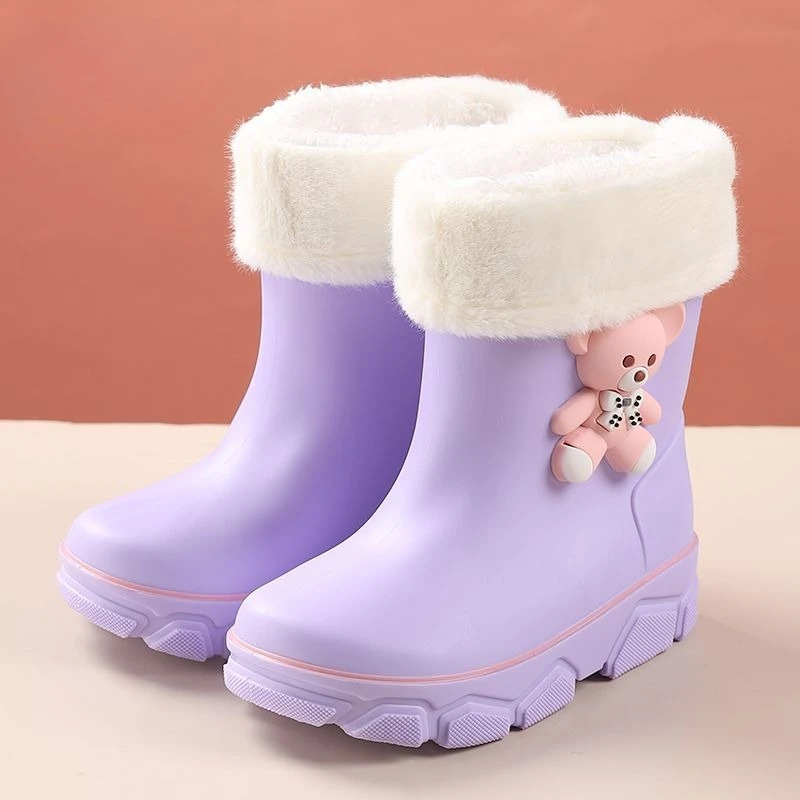 Kids Fleece Lined Waterproof Rain Boots Non Slip Cute Cartoon Design for Toddler Baby Girls Warm Winter Shoes