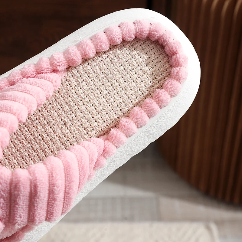 2023 Autumn Winter New Women Home Slippers Open-Toe Cross Band Linen Soled Indoor Slides Linen Soled Non-Slip Bathroom Slippers