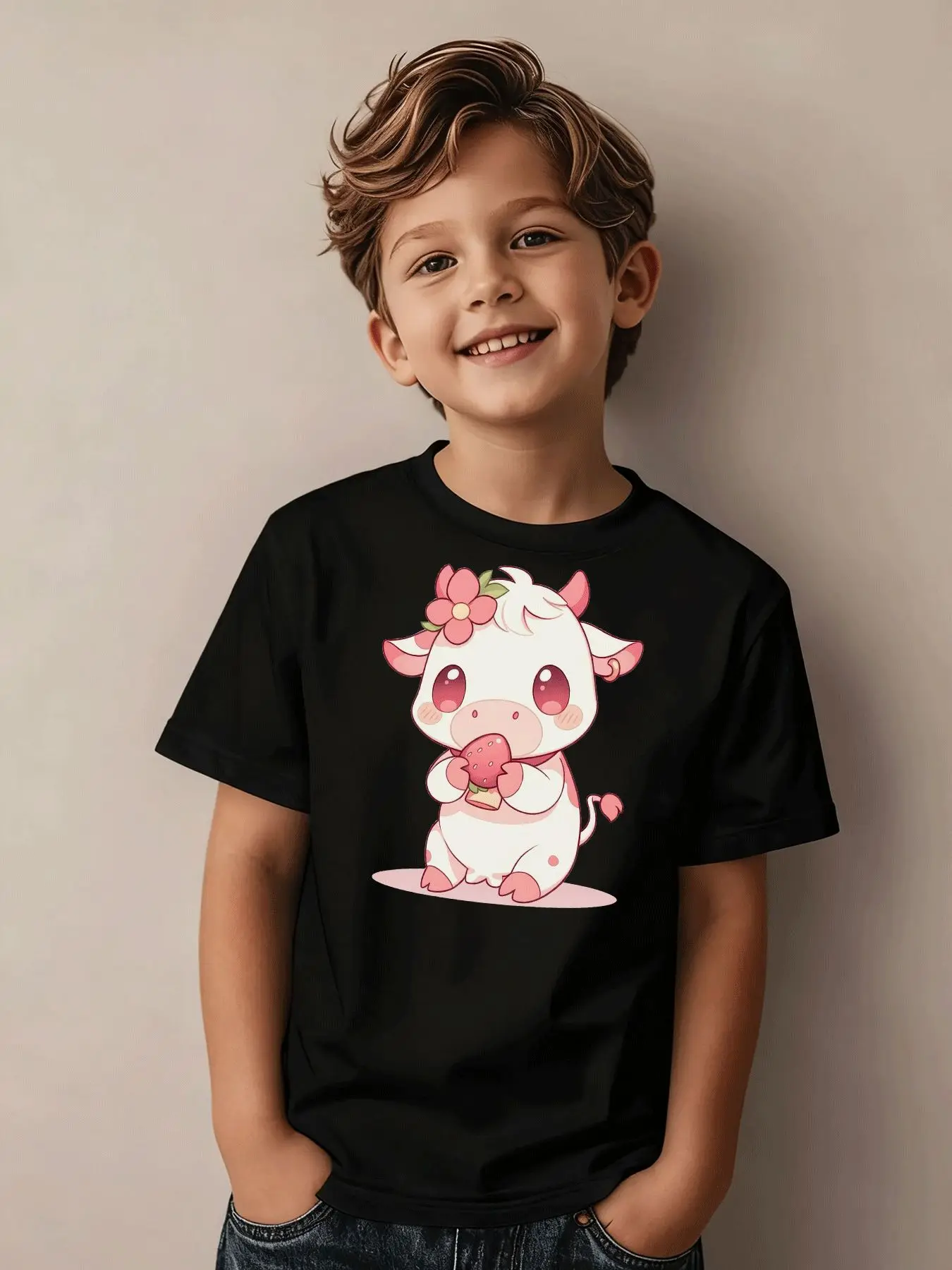 Summer Casual Cute Cartoon Pink Cow Strawberry Print Children's T-shirt Street Style Holiday Gift Daily Wear Parent-child Outfit