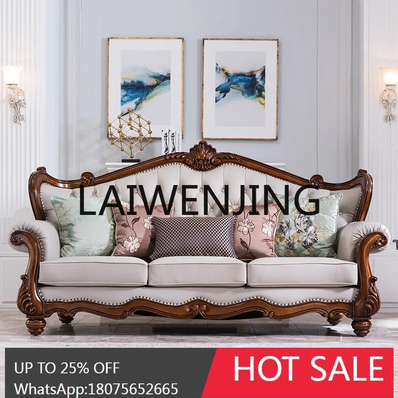 RWJ American-Style Solid Wood Top Layer Leather Sofa Retro Three-Seat Carving