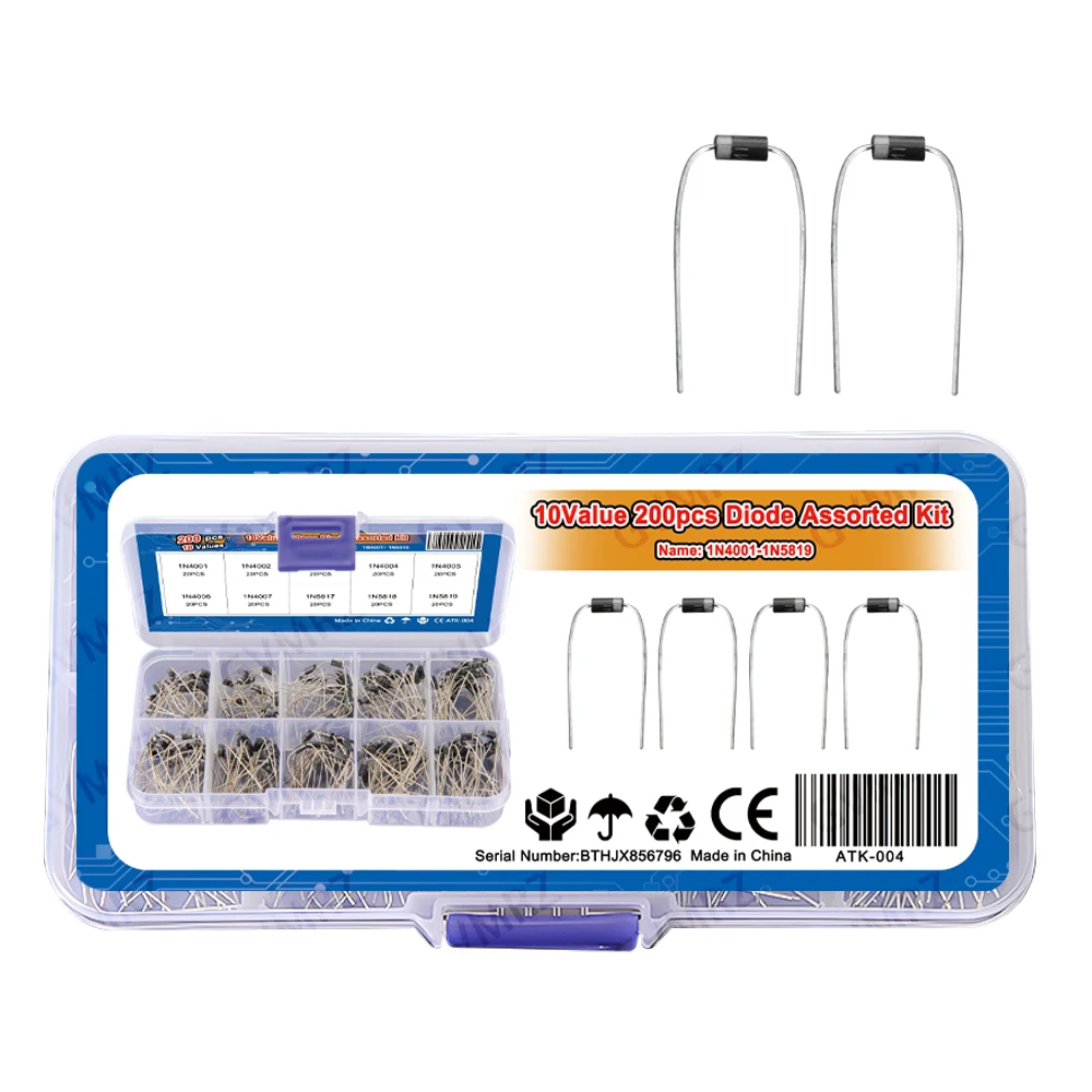 10 Values 1N4005 1N4006 200PCS Rectifier Diodes KIT 1N4001 1N4002 1N4003 1N4004 1N4007 1N5817 1N5818 1N5819 DIP
