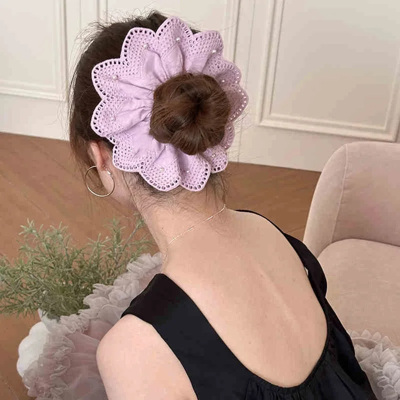 23 cm große süße Spitze-Blumen-Haargummis, hochwertiges Perlen-Haargummi, niedriger Pferdeschwanz, Gummiband, Damen-Kopfblume, niedliches Haarseil
