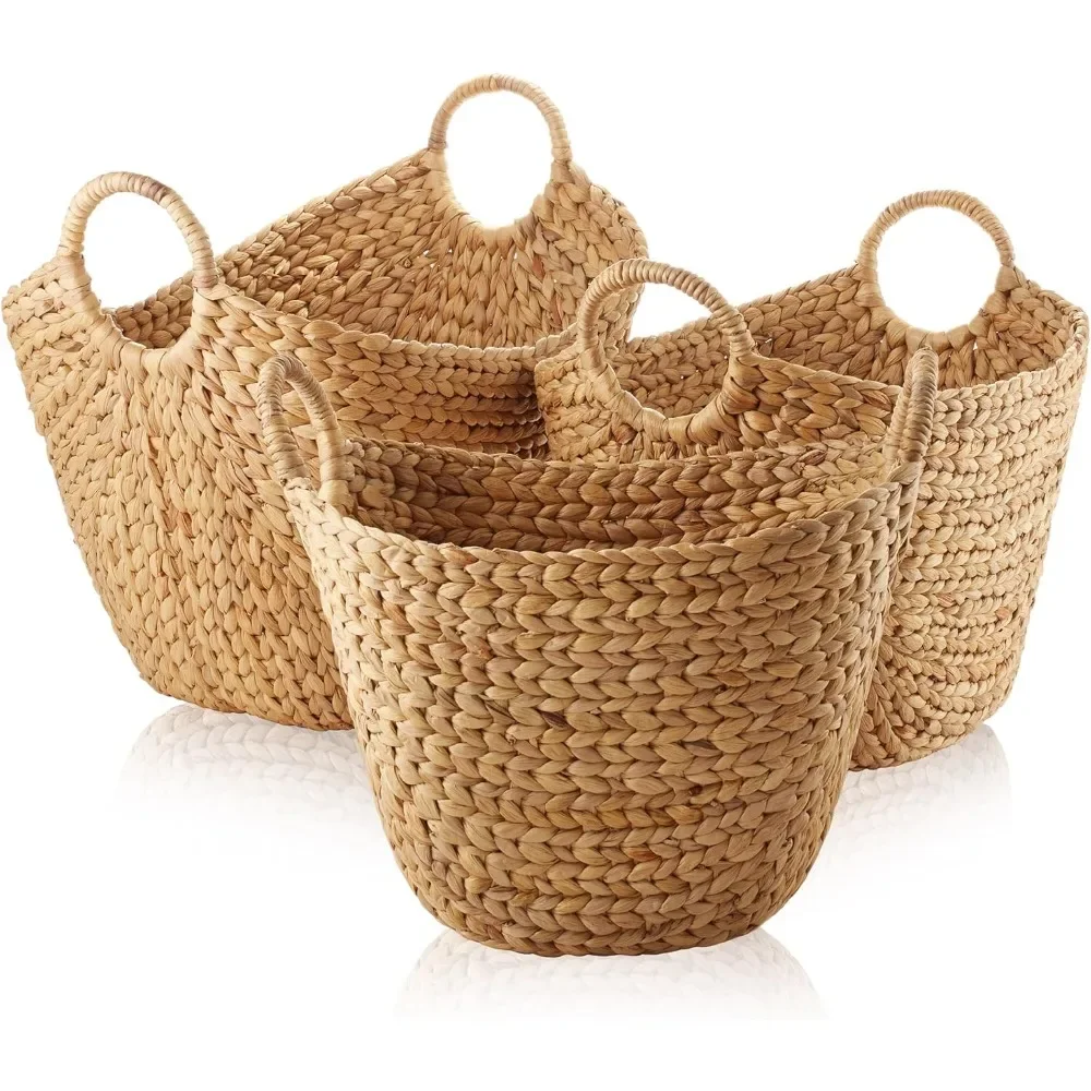 A set of 3 multi-purpose boat baskets with handles - natural woven water hyacinth storage rack