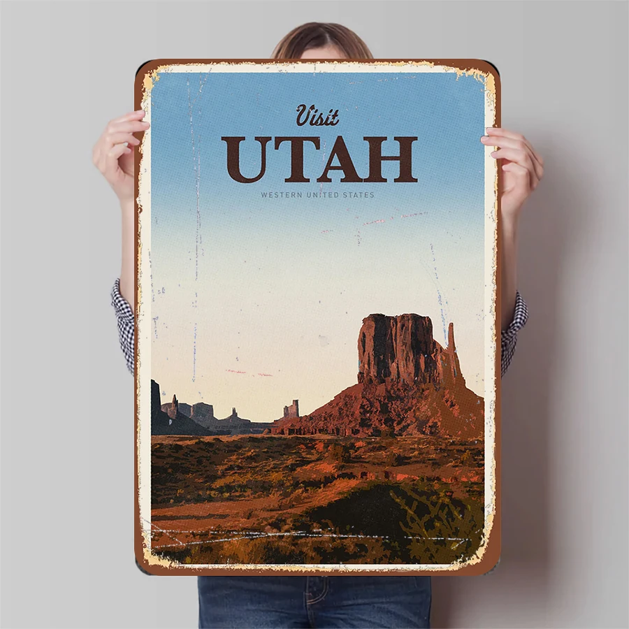 Vintage American West Utah Monument Valley Landscape Metal Tin Sign Living Room Study Bar Wall Decor Hanging Painting