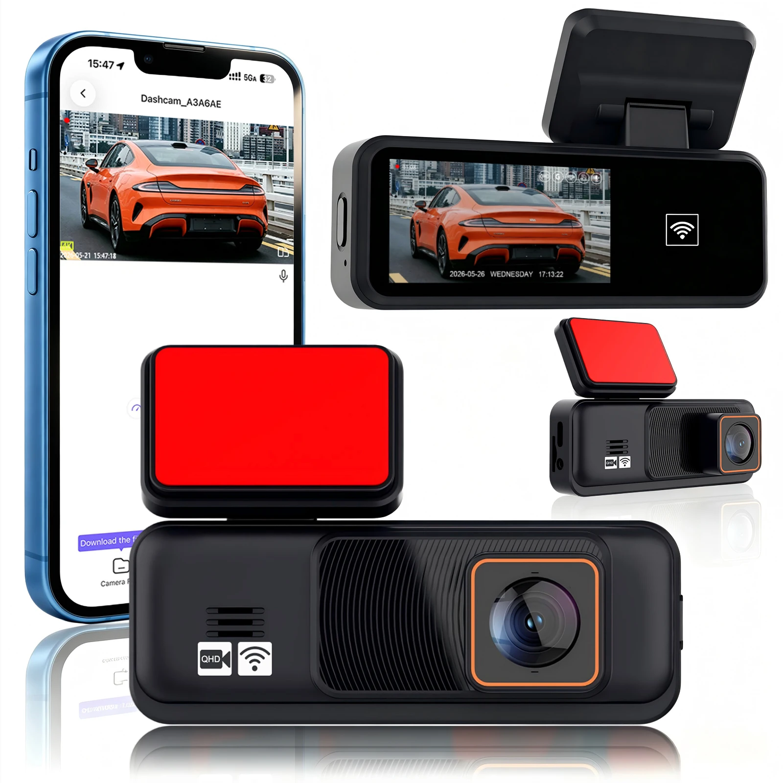 1296P Mini Dash Cam SD Card Optional – Compact Car Camera with WiFi & APP Control, Loop Recording, WDR Night Vision & Parking