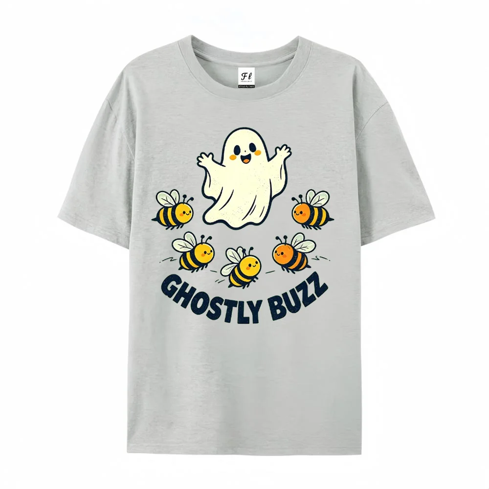 Women Men Ghostly Buzz T Shirt Cute Halloween Ghost Bees Graphic Print Funny Short Sleeve Tee Top ﻿ ﻿