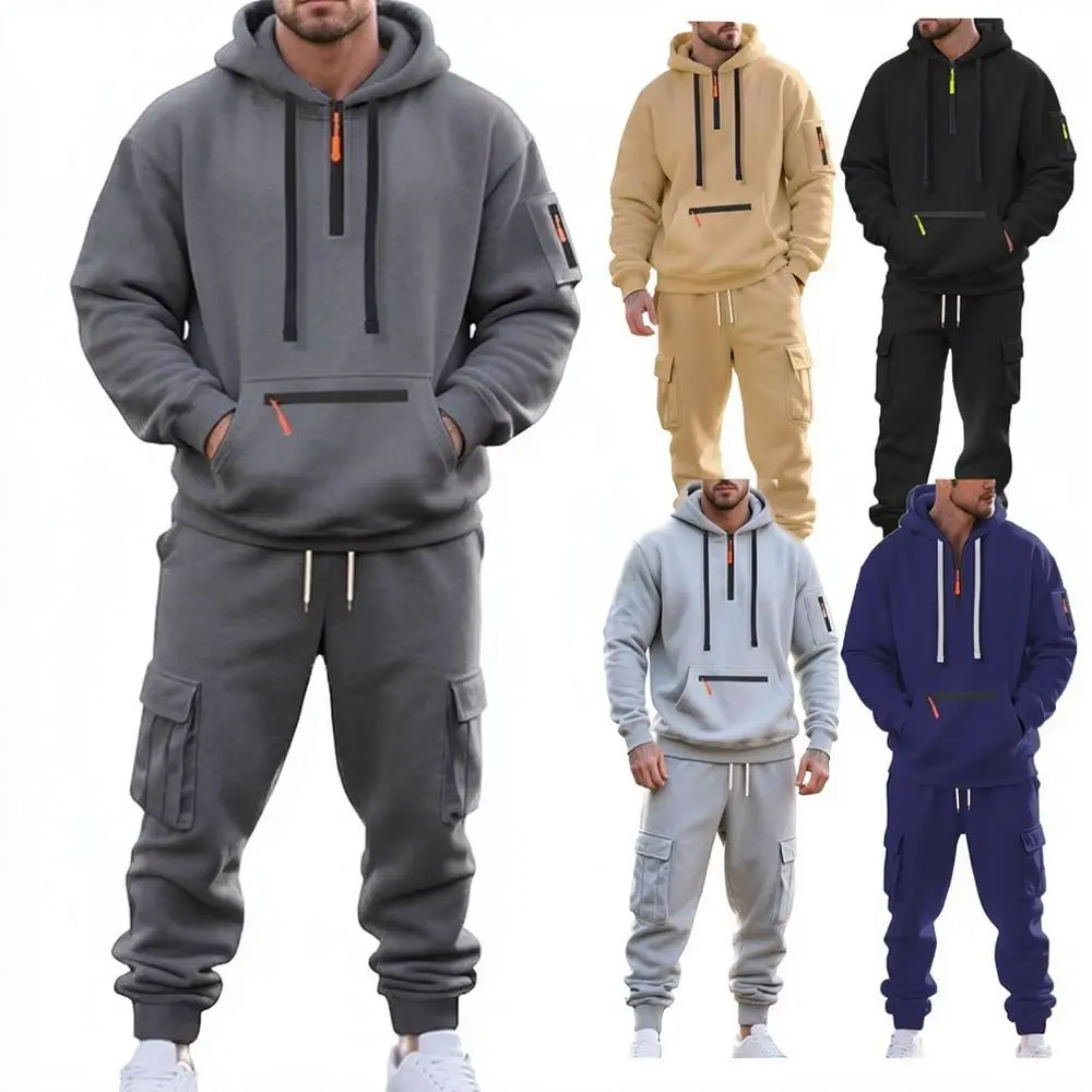 Winter Mens Tracksuit Set Fleece Lined Hoodie Cargo Trousers Loose Fit Casual Sportswear Athletic Running Training Outfit