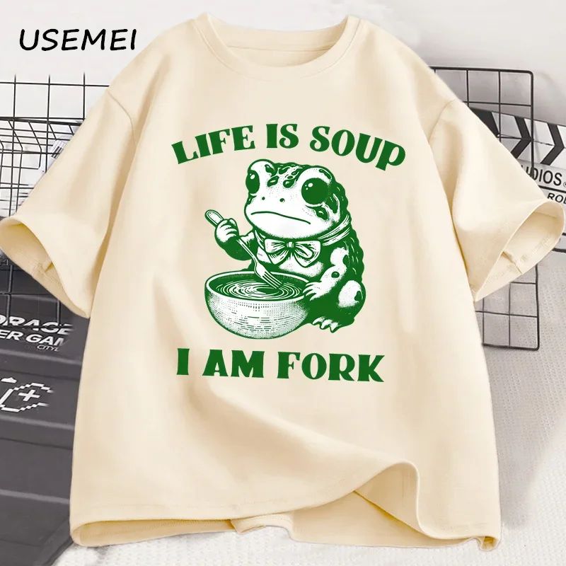 

Life Is Soup I Am Fork Футболки для мужчин и женщин Забавная лягушка для снятия жизни Футболка из хлопка Мягкие летние футболки с короткими рукавами Одежда