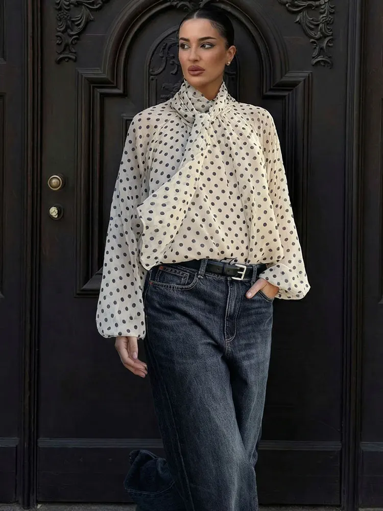HH Chemisier Femme Vintage à Pois Imprimés, Manches Longues, Nœud et Lacets, Élégant, Style Streetwear, Haut Fin Été 2026