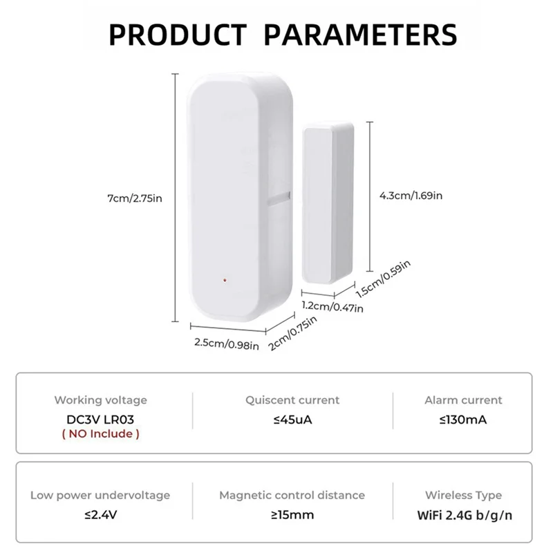 ABMF-Tuya Wifi Smart Door Magnetic Sensor Wireless Door Open Close Detectors Compatible Withalexa & Google Home White