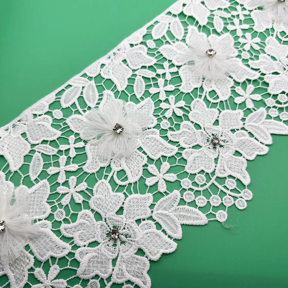 5Yard 3D Lace Fabric 16.3cm Mink Wool Pompom Rhineston Decoration Beads Diy Embroidered Clothes Table Runner Skirt Curtain Dress