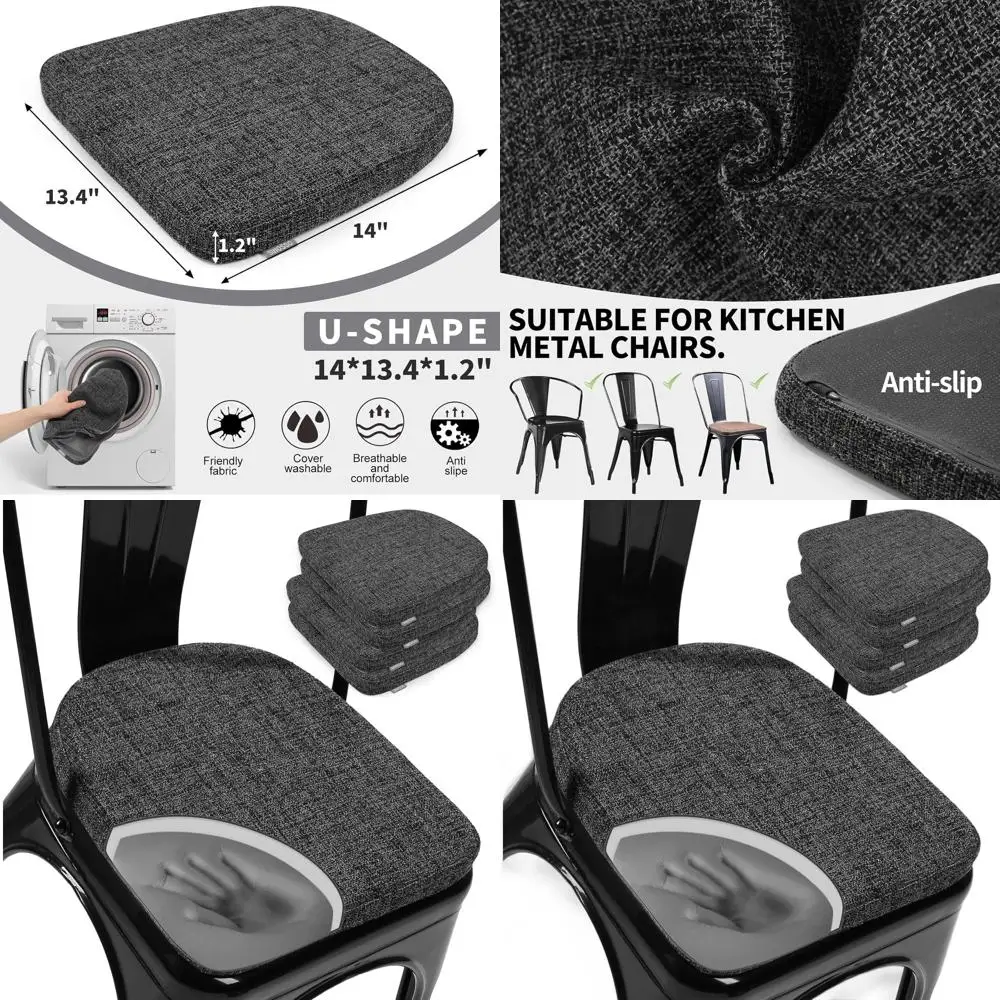

Set of 4 14 Modern U-Shaped Metal Chair Cushions, Interwoven Magnetic Pads for Stackable Dining Chairs (Black-Gray)