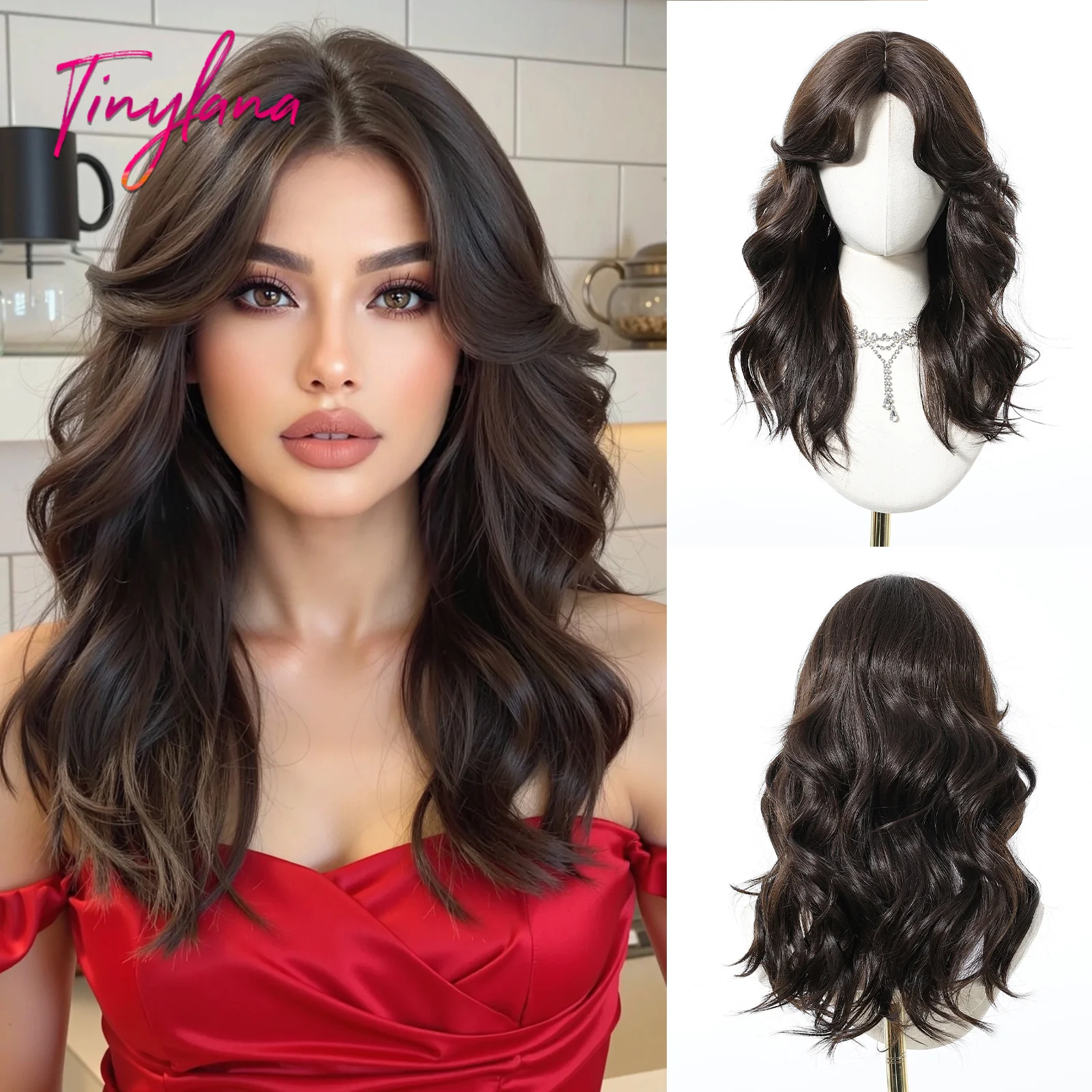 Brown Curly Long Synthetic Wigs Female with Curtain Bangs Natural Looking Lolita Cosplay Heat Resistant Hair for Women Daily