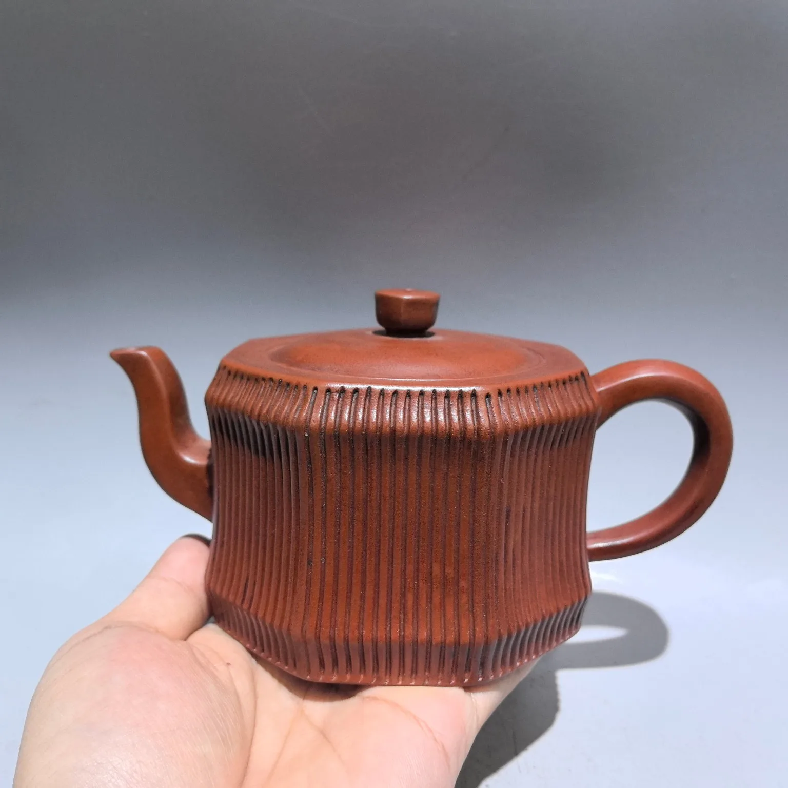 

7"Chinese Purple Clay Pot Line octagonal pot Teapot Kettle Flat Teapot Flagon Tea ceremony Amass wealth Ornaments