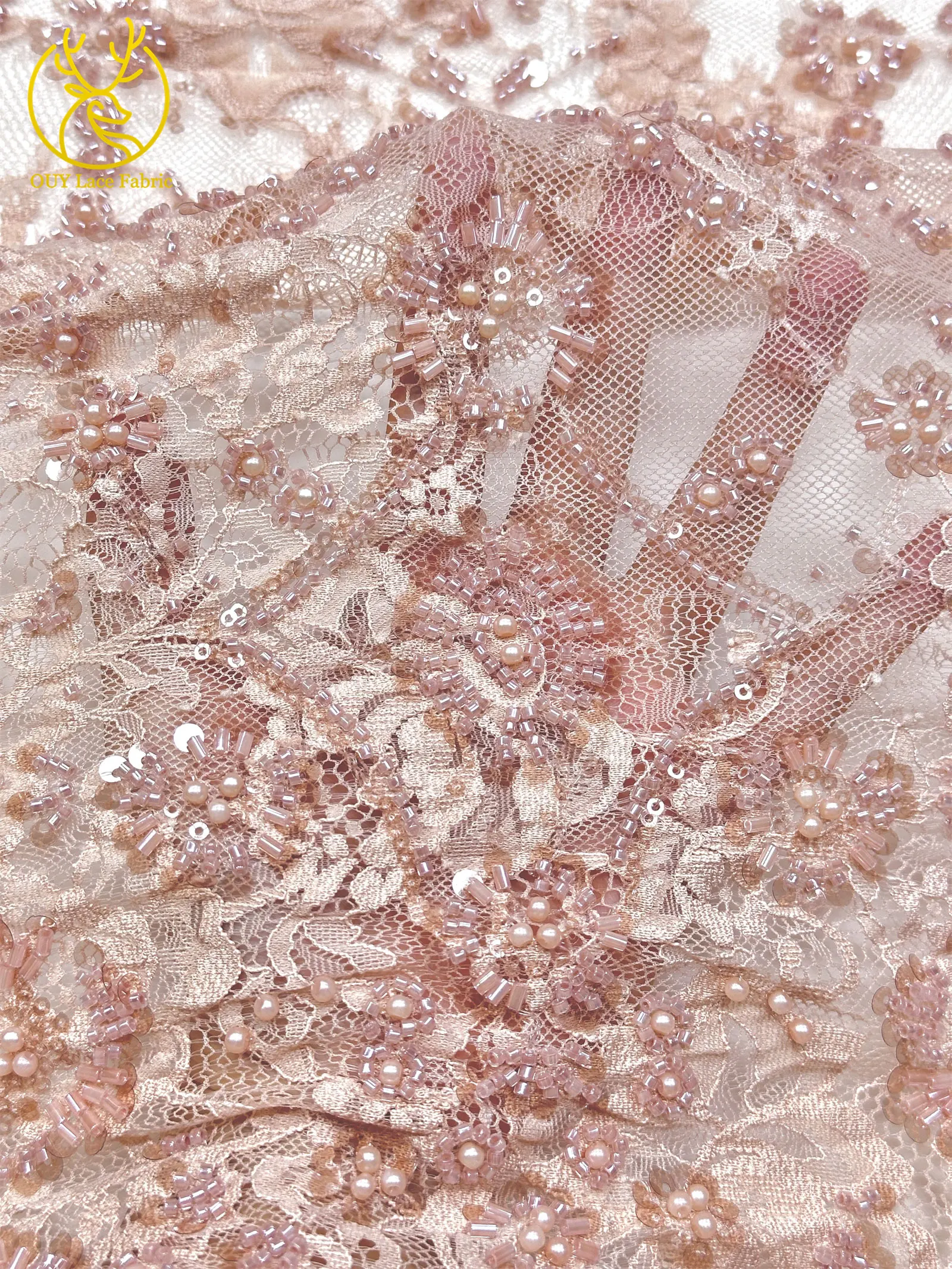 3 Meter exquisiter Perlen-Spitzenstoff, afrikanischer Spitzenstoff mit Pailletten und verstreuten Blumenstickereien zum Nähen von Brautkleidern – Detail 9