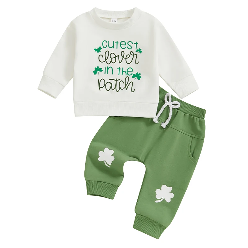 Baby Irish Day Outfit Letter Clover Print Long Sleeve Sweatshirt and Elastic Pants Set for Newborn Infant Fall Clothes