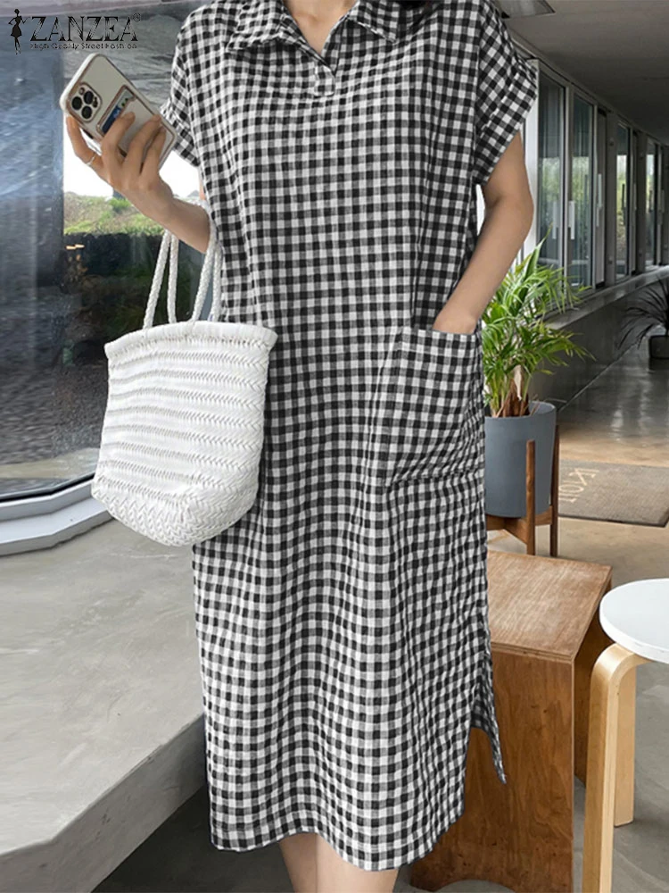 2023 ZANZEA Zomer Rasterprint Jurk Vrouwen Revers Hals Korte Mouw Zonnejurk Vintage Casual Vakantie Werk Vestido Gewaad Plaid Kaftan