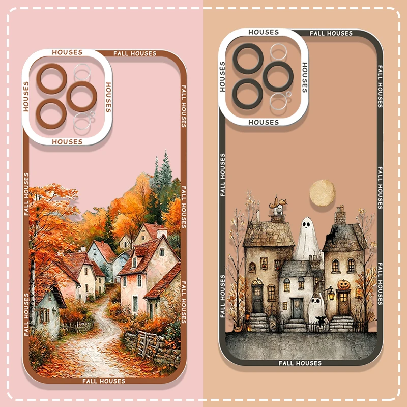 Rural Building Autumn Scenery Pattern Phone Case for Samsung Galaxy S26 Ultra S25 S24 FE S23+ S22 S21 Plus Halloween Soft Cover