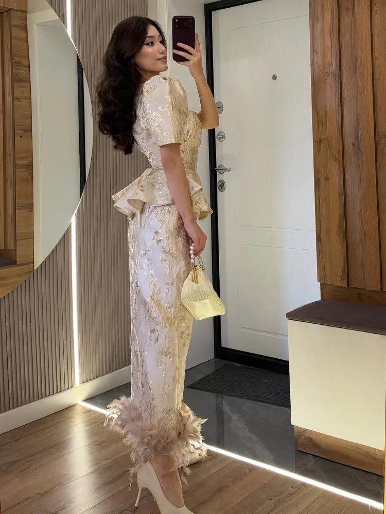 Elegant Women Gold Floral Jacquard Two Piece Set Square Neck Puff Sleeve Peplum Top Feather Hem Midi Skirt Party Matching Outfit