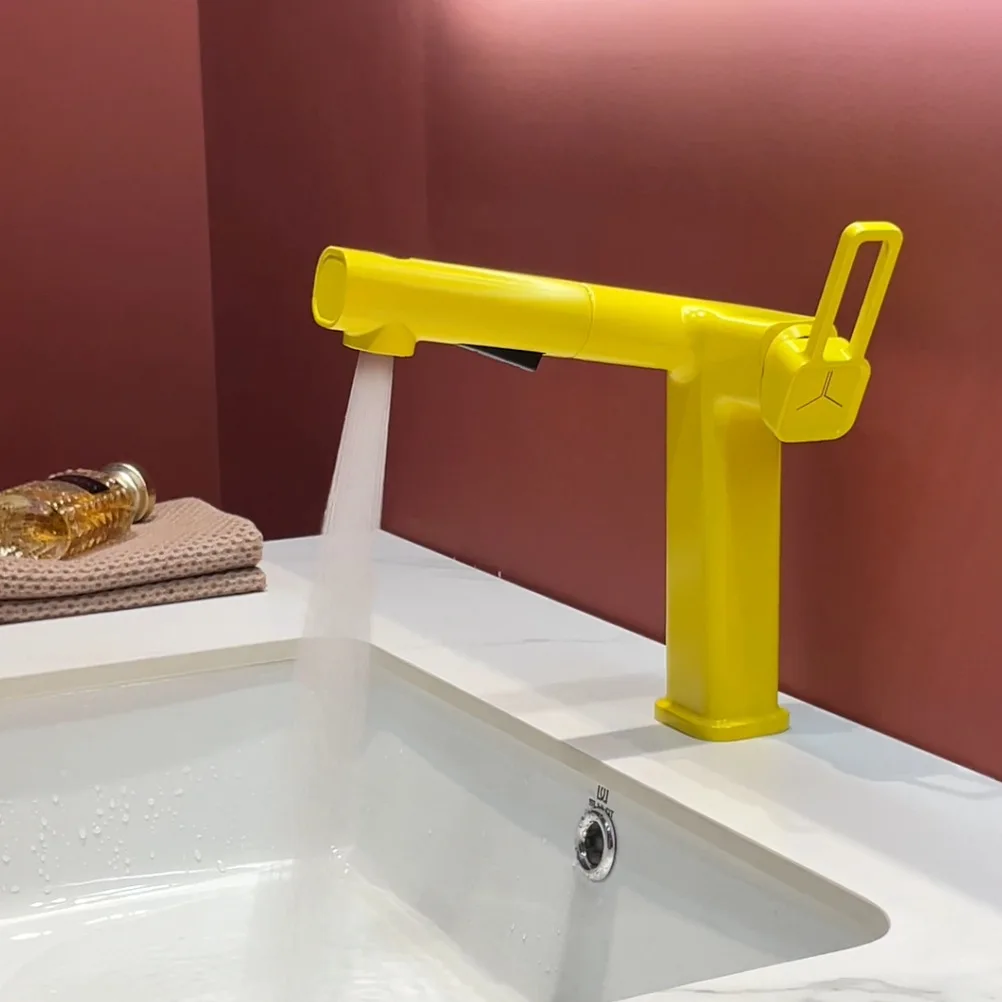 

Yellow Pull Out Basin Faucet Hot Cold Water Bathroom Sink Mixer Tap