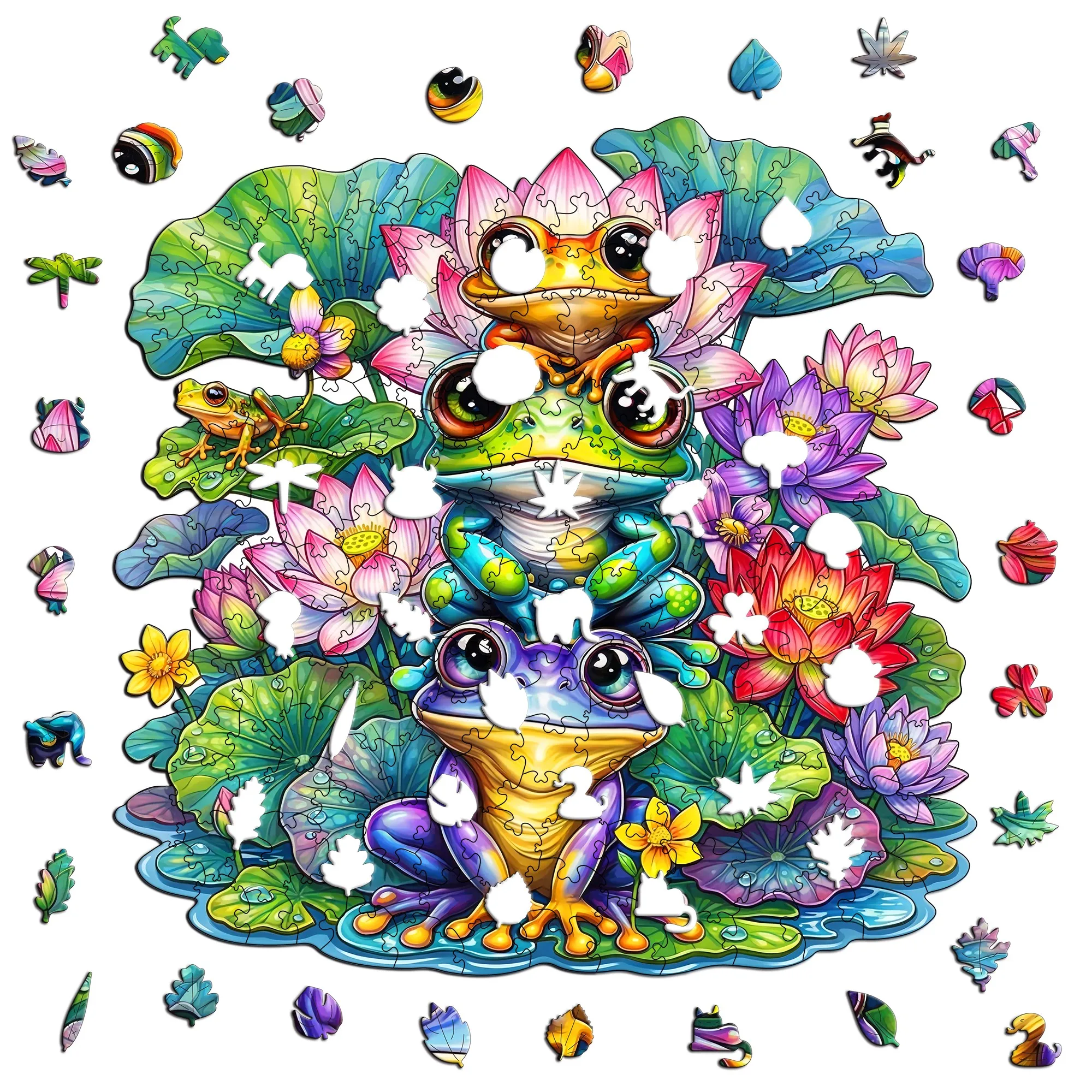 Frogs and Flower Beds Theme Wooden Jigsaw Puzzle Wooden Decor Painting Christmas and Halloween Gift Toy for Teen and Kid
