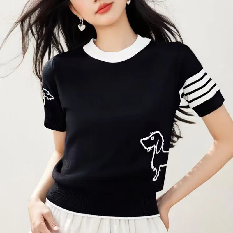 

Summer wool womens round neck short sleeved pullover sweater women soft breathable high-quality sweater fashion solid color top