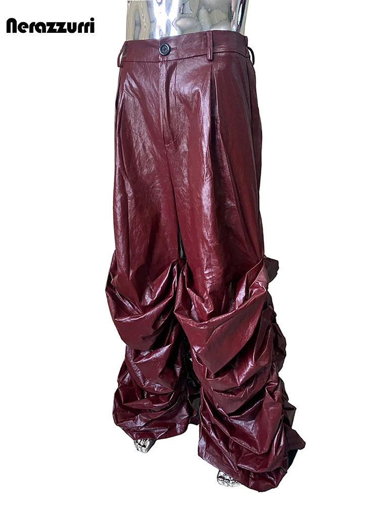 Nerazzurri Autumn Extra Long Soft Flowy Baggy Pu Leather Wide Leg Stacked  Pants for Men Luxury Designer Punk Style Streetwear