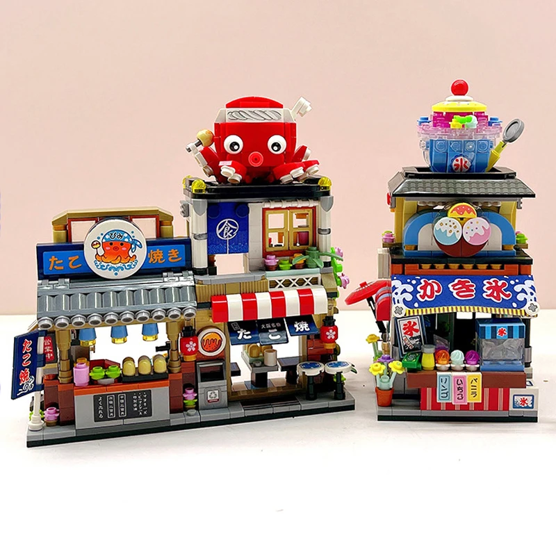 City Street View Building Block Set DIY Creative Ice Cream Shop Octopus Restaurant House Assembled Bricks Children\'s Toys Gifts