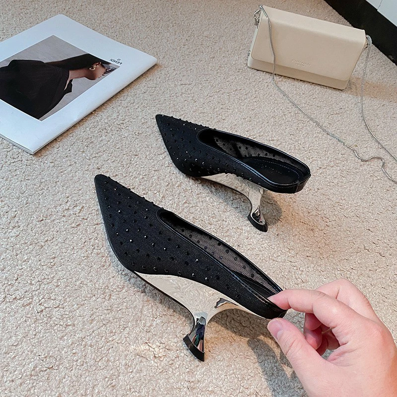 Woman shoes New Temperament Mesh Rhinestone Hollow Out Breathable European Fashion Irregular High Heel Casual Half Slippers