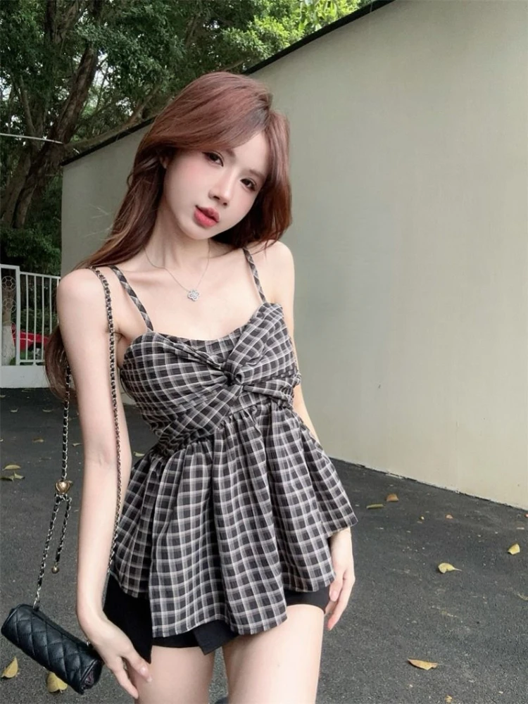 Streetwear Gyaru Tanks Sleeveless Plaid Patchwork Folds Summer Female Slim Tops All Match Fashion Vintage 2024 Women\'s Clothing