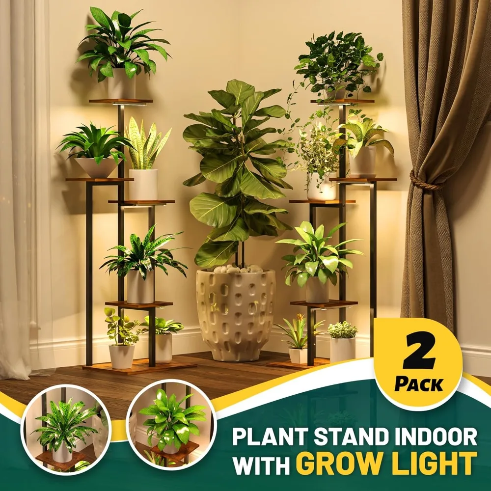 Plant Stand Indoor with Grow Light, 2-Pack Metal with 6 Grow Lights, 5 Tiered Corner, Plant Shelves