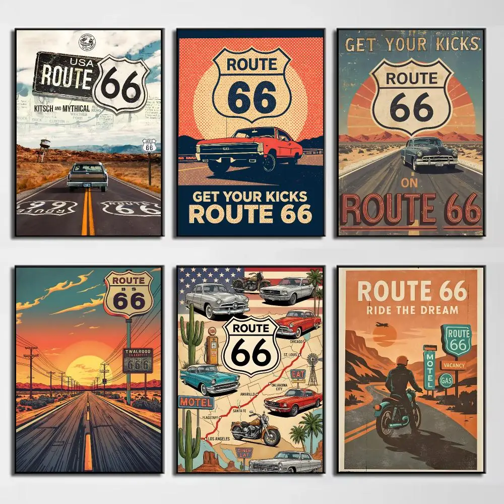 Vintage Road Travel R-Route 66 Poster Wall Decor for Young Collectors, Indoor and Outdoor Decor