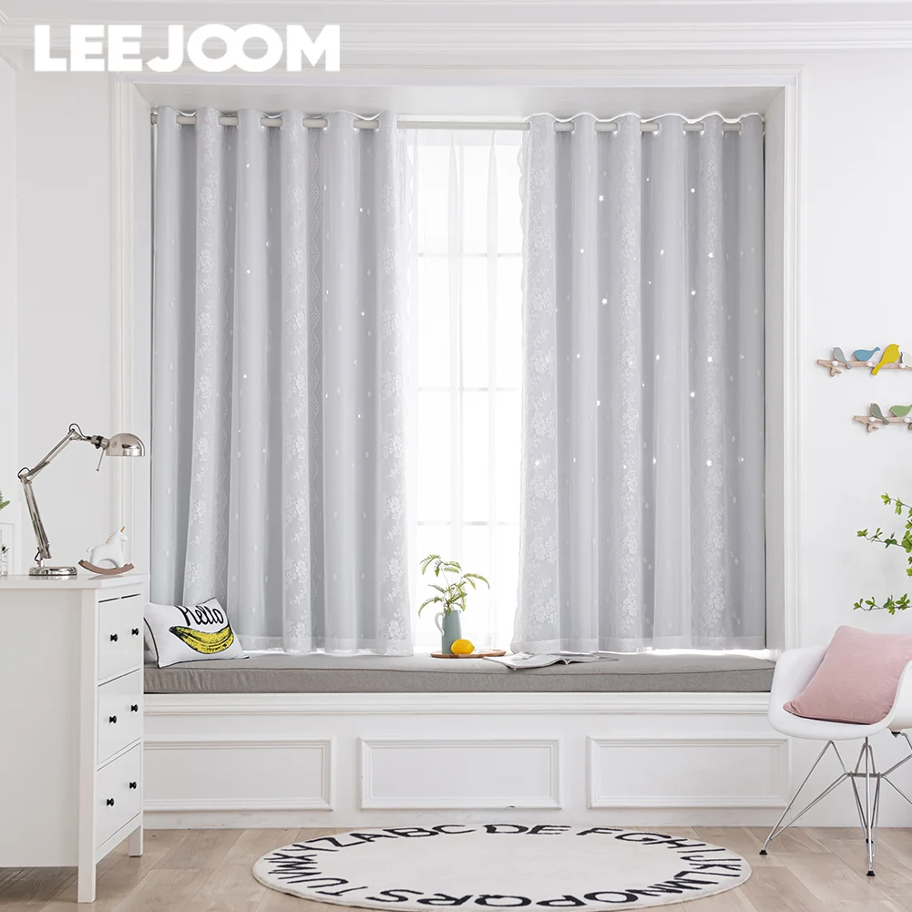 LEEJOOM White Lace Curtain Embroidered Blackout Short Curtain Drapes for Kitchen Bedroom Bay Window Blinds 1PC