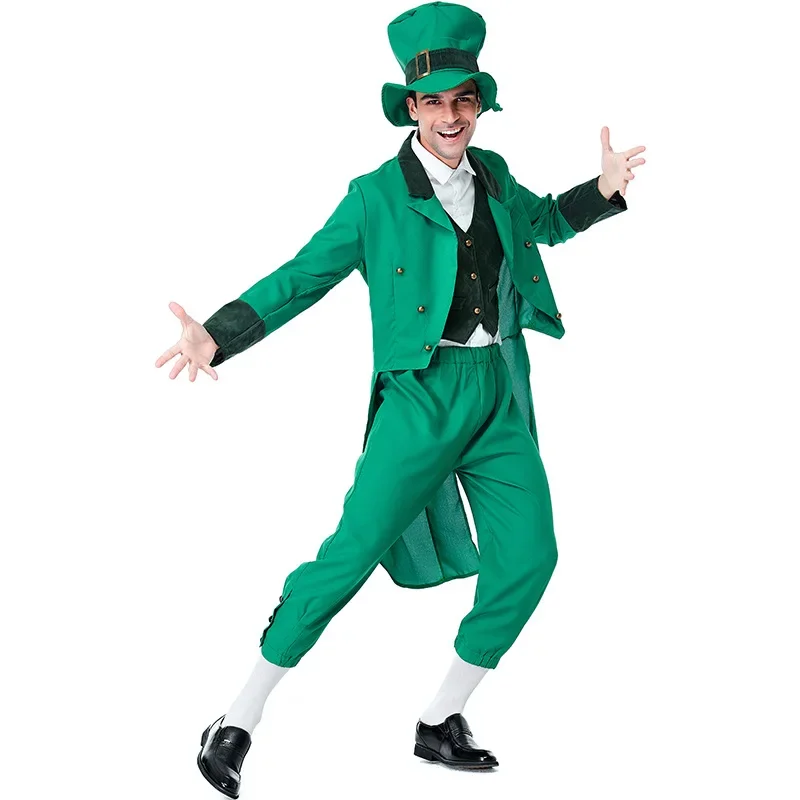 Halloween Irish Leprechaun Family Cosplay Green Set St. Patrick Carnival Party Performance Costume with Hat Adult Kids Costumes