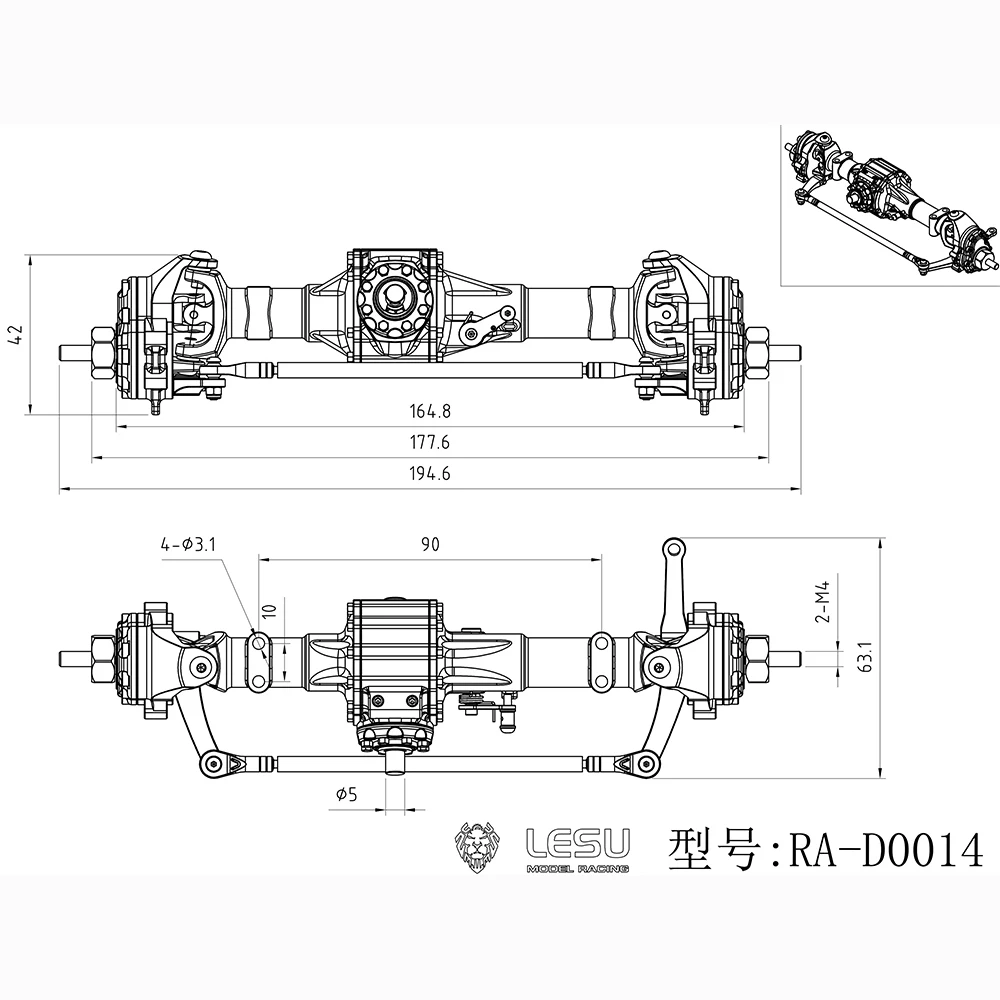 LESU Asse di bloccaggio differenziale anteriore per 1/10 RAVE UM406 RC Crawler Car Truck Modello di telecomando di ricambio Accessori RC fai da te